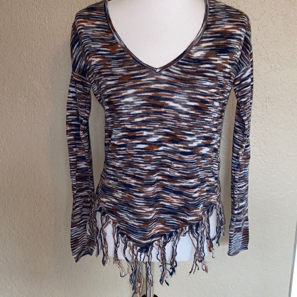 Billabong Fringe Hem knit sweater Blue/Brown Boho Sz S